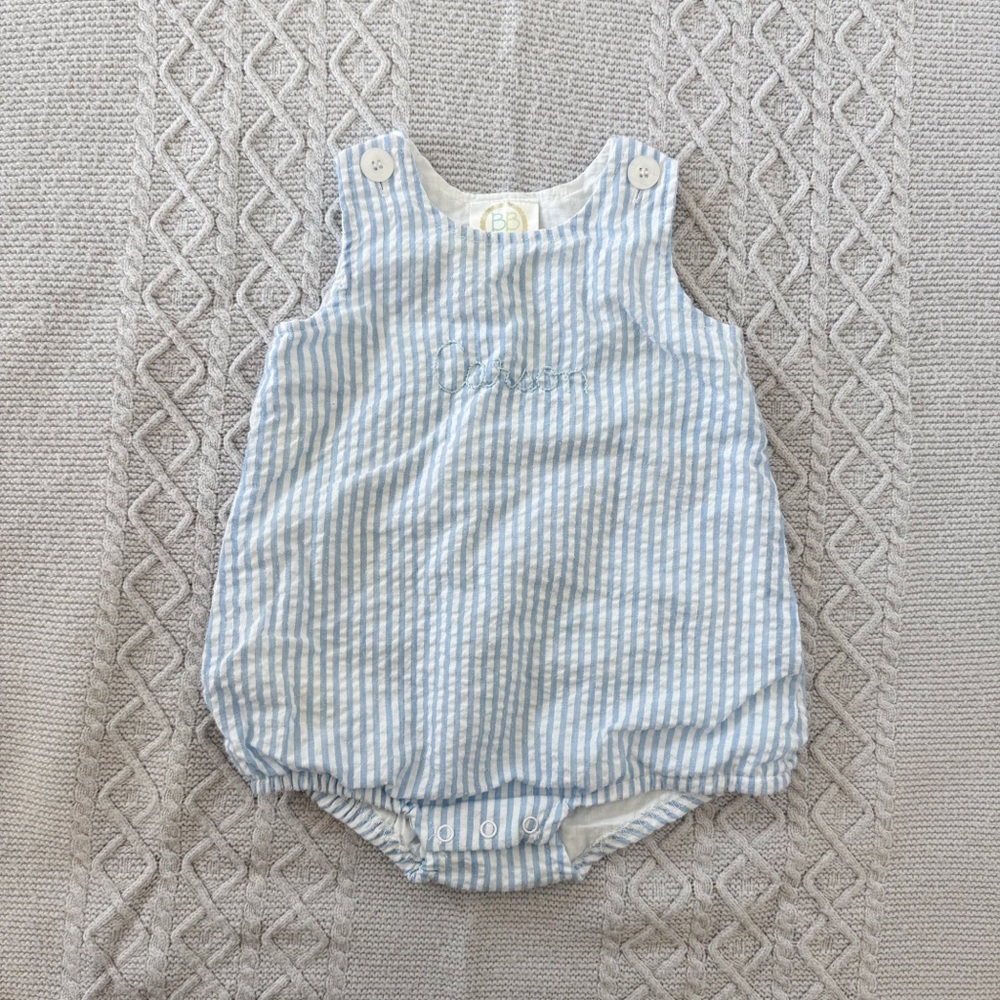 Blue & White Striped Seersucker Baby Romper Custom Embroidered Name Carson 12M